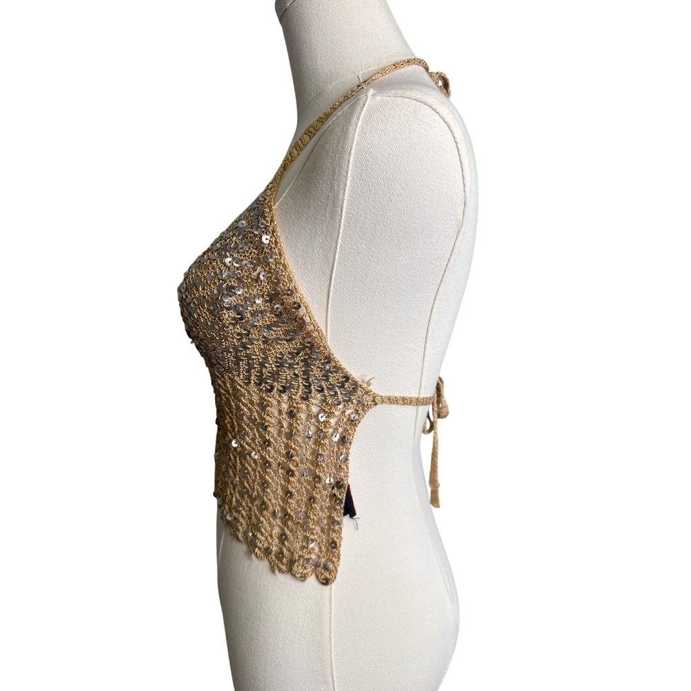 SHE'S Halter Top Women OS Gold Sequin Crochet Knit Festival Boho Mermaidcore Y2K - Picture 2 of 9